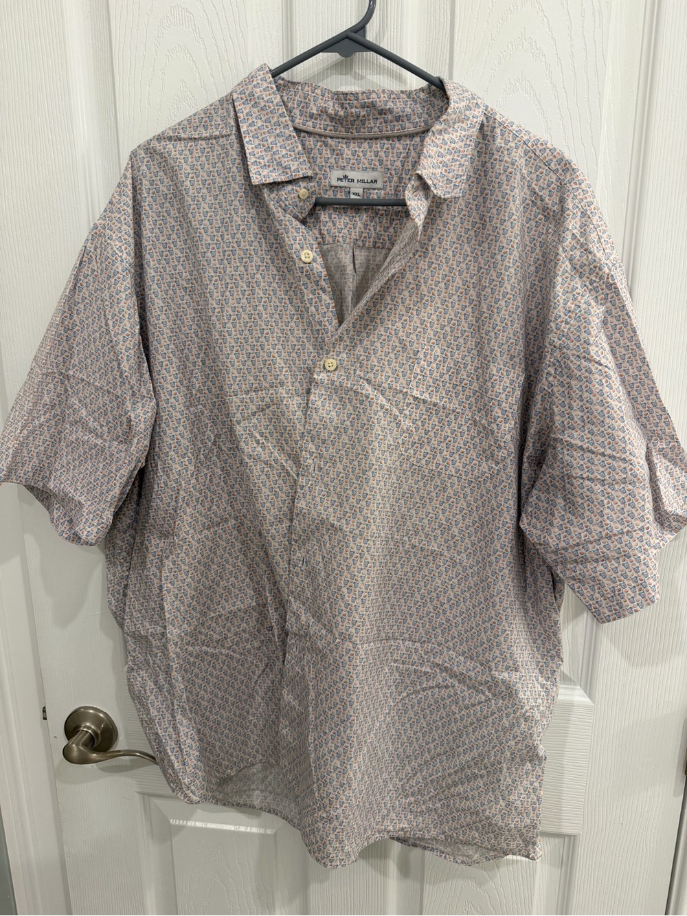 Peter Millar Short Sleeve Camp Shirt in Light Blue and Pink Micro Print